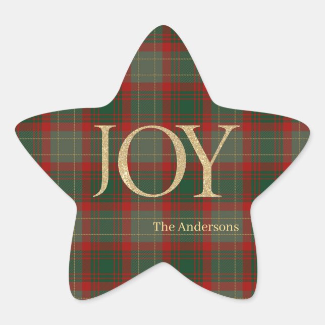 Adesivo Estrela Moderno Roteiro de Feliz Natal Joy tartan vermelho (Frente)