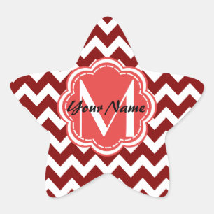Adesivo Estrela Monograma Floral Vermelho Chevron, Nome Personaliz