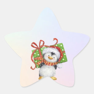 Adesivo Estrela Pinguim de Natal Festivo com Presente - Deco de Fé