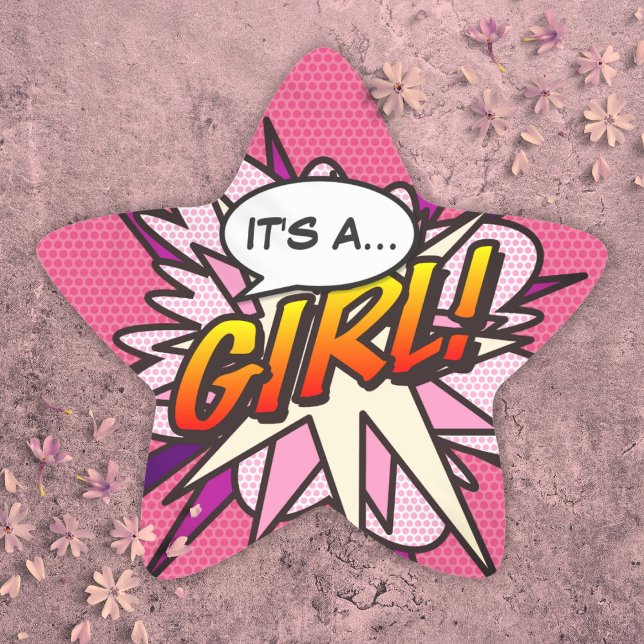 Adesivo Estrela Pop De Arte De Cômico É Uma Revelação De Gênero. (Its A Girl Fun Comic Book Baby Shower Pink Star Sticker)