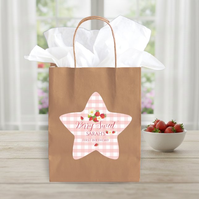 Adesivo Estrela Presente de Morango Doce para o Primeiro Aniversár (Berry Sweet Strawberry Favor Gift 1st Birthday Star Sticker)
