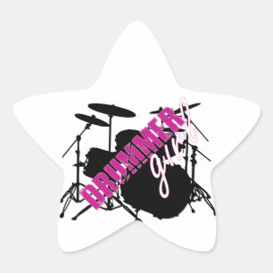 Adesivo Estrela Rapariga de Drummer com Texto Roxo e Grungue Negro