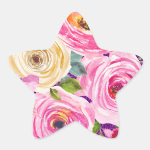 Adesivo Estrela Rosas em Aquarela em Rosa e Creme com Brilho Roxo