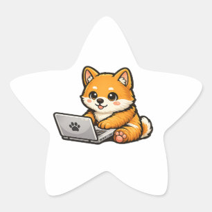 Adesivo Estrela Shiba Inu Fofo com Laptop – Design de Cachorro Aco