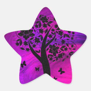 Adesivo Estrela Silhueta de Árvore e Borboletas Arte Abstrata