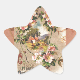 Adesivo Estrela Vintage Birthday Card Saudações Floral Paisagem