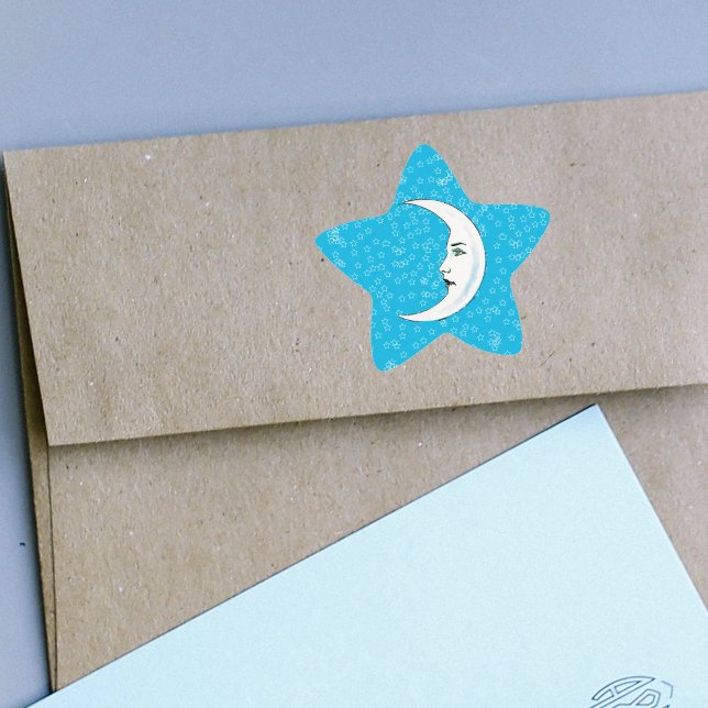 Adesivo Estrela Vintage Crescent White Moon Face White Stars (Crescent moon Gothic look face black lips on aqua blue with tiny white stars stickers.)