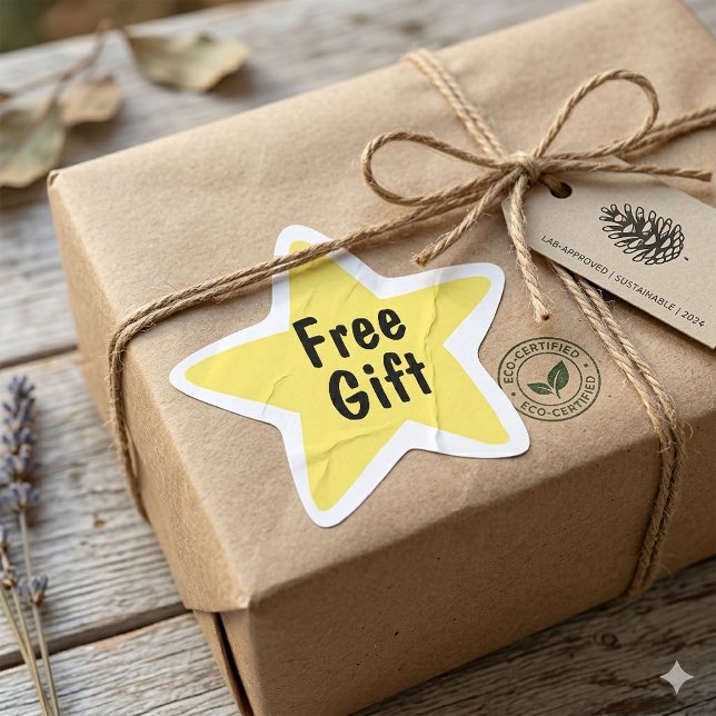 Adesivo Estrela Yellow Star “Free Gift” Packaging Eco-Friendly Lab (Criador carregado)