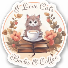 Adesivo Eu adoro gatos, livros e café
