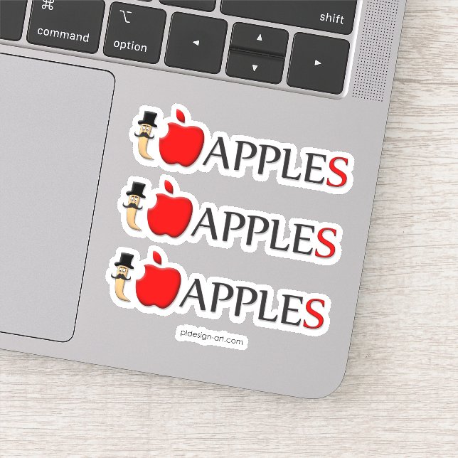 Adesivo Eu adoro maçã, verme engraçado com bigode (Detalhe)