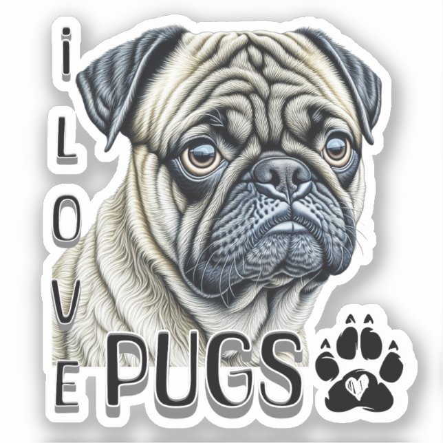 Adesivo Eu Adoro Pugs | Proprietários De Cachorros Cortos (Frente)