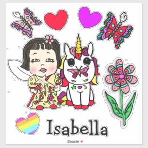 Adesivo Fada Asiática Desenhada Mão, Unicórnio e Nome