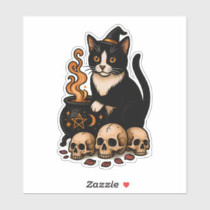 Adesivo Familiar de Bruxa – Gato de Smoking e Caldeirão