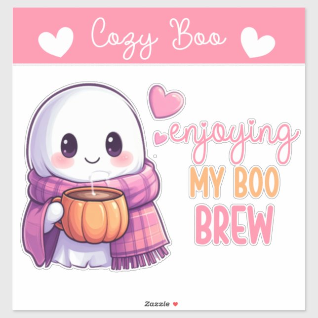 Adesivo Fantasma Cozy Boo Sticker com Pumpkin Mug e cachec (Folha)