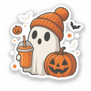 Adesivo Fantasma de Halloween Fofo com Abóbora e Bebida