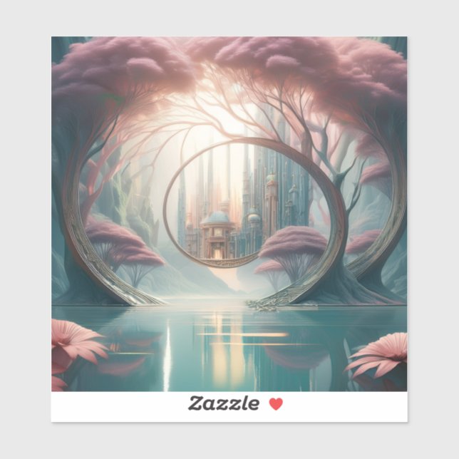 Adesivo Fantasy City Seen Thru A Blue Lake And Pink Trees (Folha)