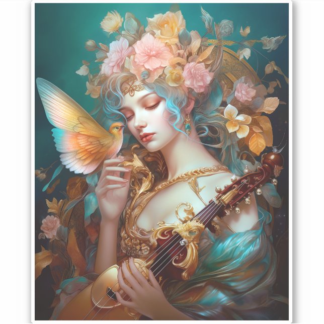 Adesivo Fantasy Lady With Lute & Butterfly Bird (Frente)