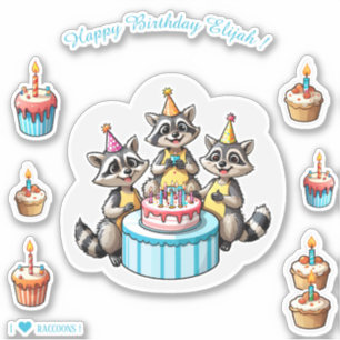 Adesivo Feliz aniversário dos guaxinins personalizados
