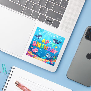 Adesivo Feliz aniversário fofo golfinho náutico