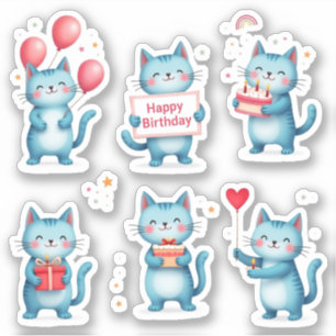 Adesivo Feliz Aniversário - Gatos Azuis - Presentes De Bal