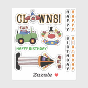 Adesivo Feliz aniversário, palhaços engraçados colorido