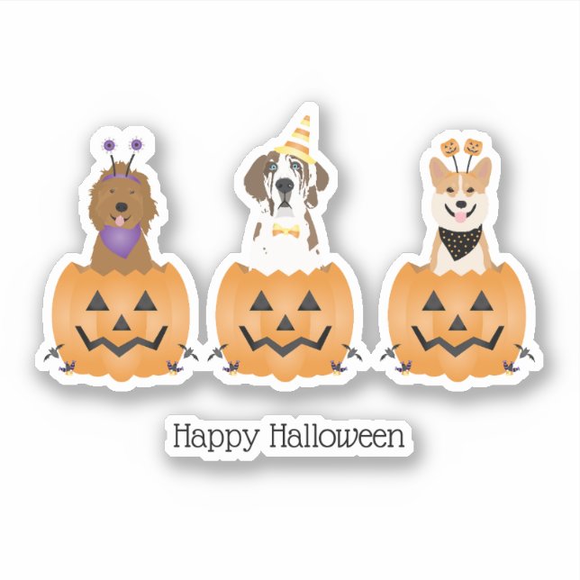Adesivo Feliz Cachorros De Halloween Em Pumpkins (Frente)