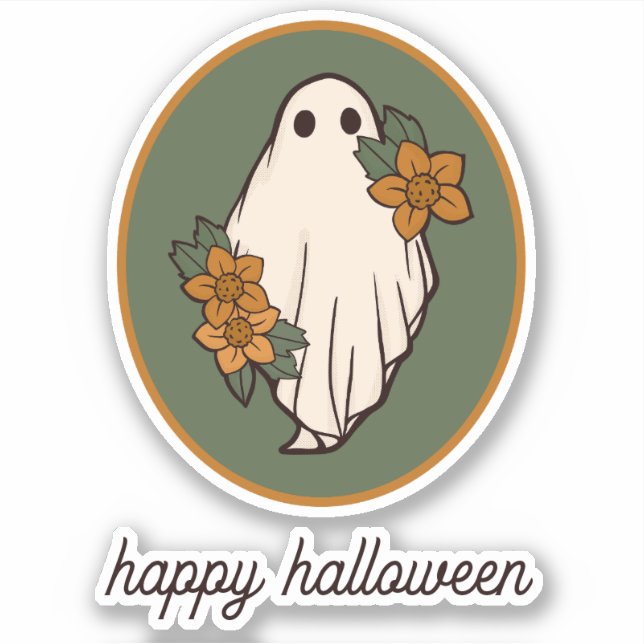 Adesivo Feliz Fantasma do outono de Halloween com Flores (Frente)