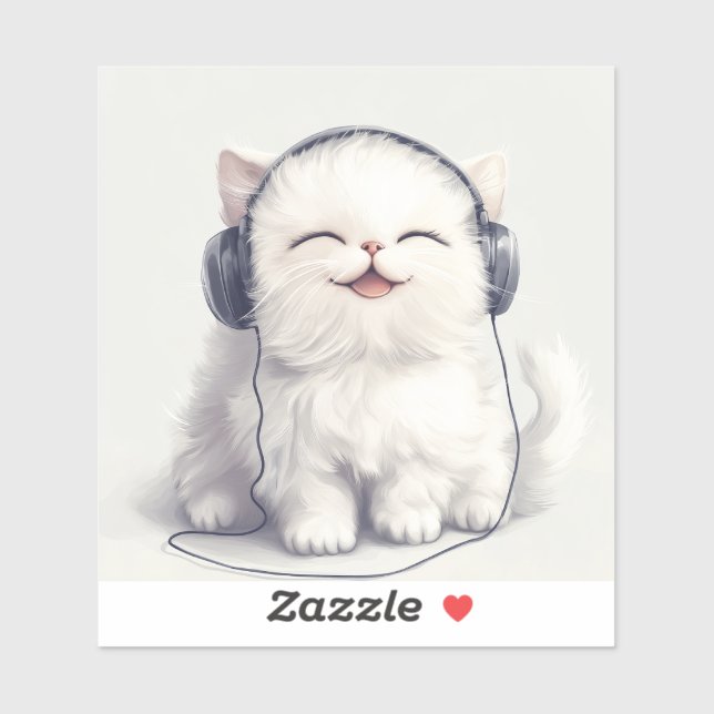 Adesivo Feliz Gato Persa com Fones de ouvido (Folha)