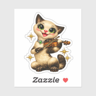 Adesivo Feliz Gato Siameses Tocando Violino Retro Meados d
