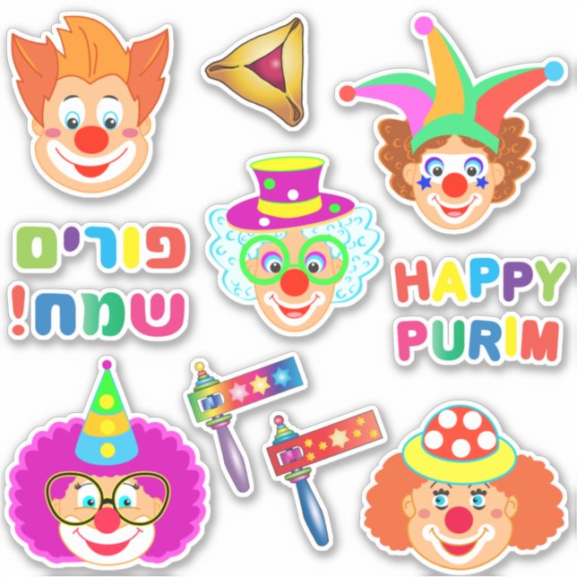 Adesivo Feliz Palhaços Festa de Férias do Purim Símbolos d (Frente)