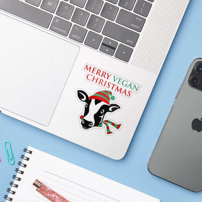 Adesivo Feliz Vegan Natal, Vaca, (Notebook com iPhone)