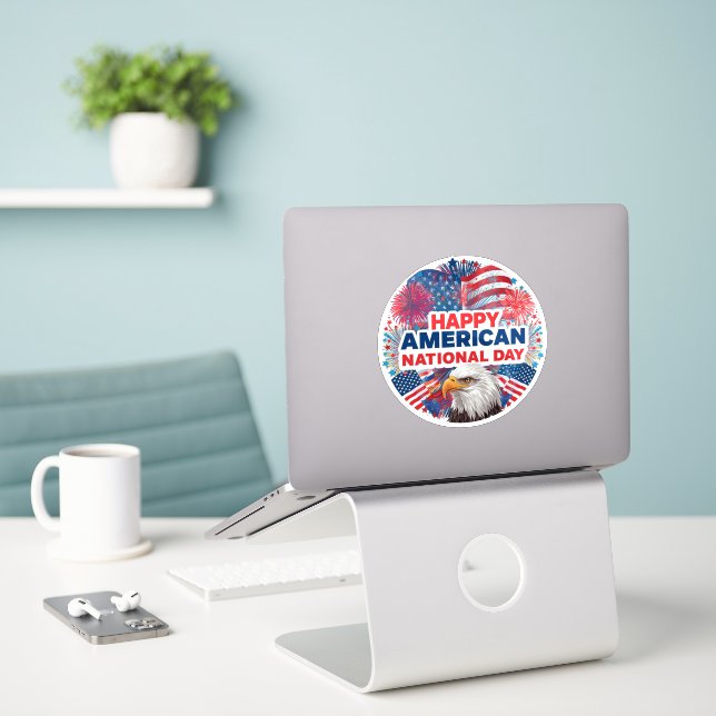 Adesivo Feliz Vinheta do Dia Nacional Americano (Laptop na mesa)