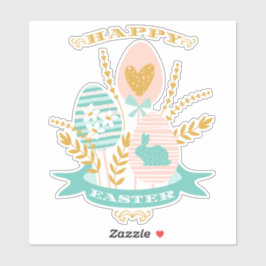 Adesivo Felz pascoa arranjado flores e coelho da Páscoa