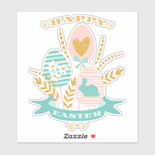 Adesivo Felz pascoa arranjado flores e coelho da Páscoa