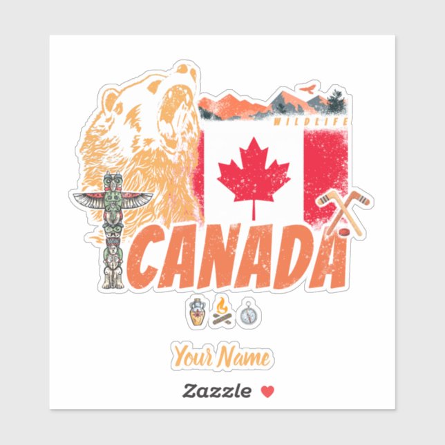 Adesivo Feriado De Bandeira E Urso Grizzly No Canadá (Folha)