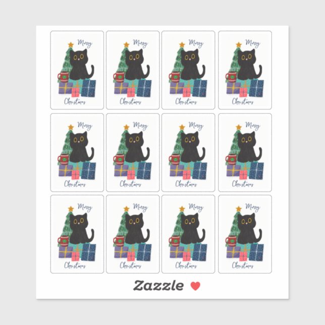 Adesivo Festivo Feliz Natal Gato Negro Bonito Arte Café (Folha)