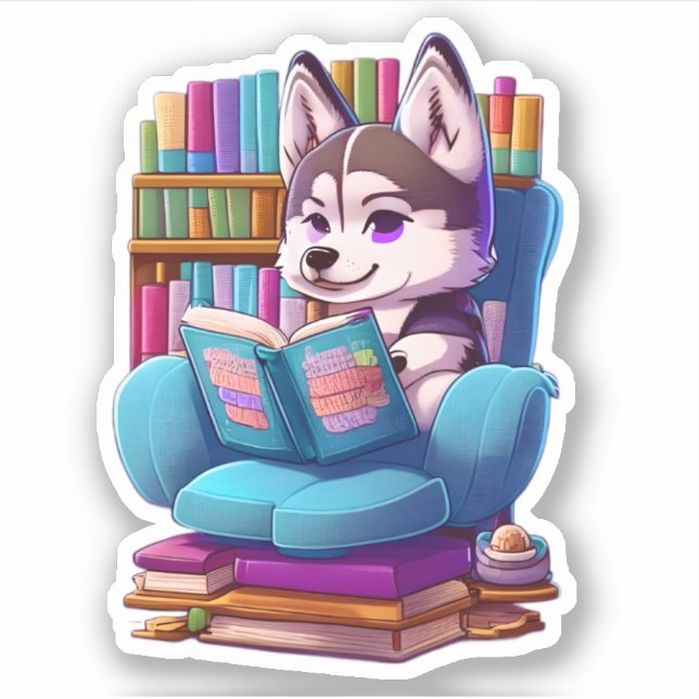 Adesivo Filhote de Husky lendo um livro (Frente)