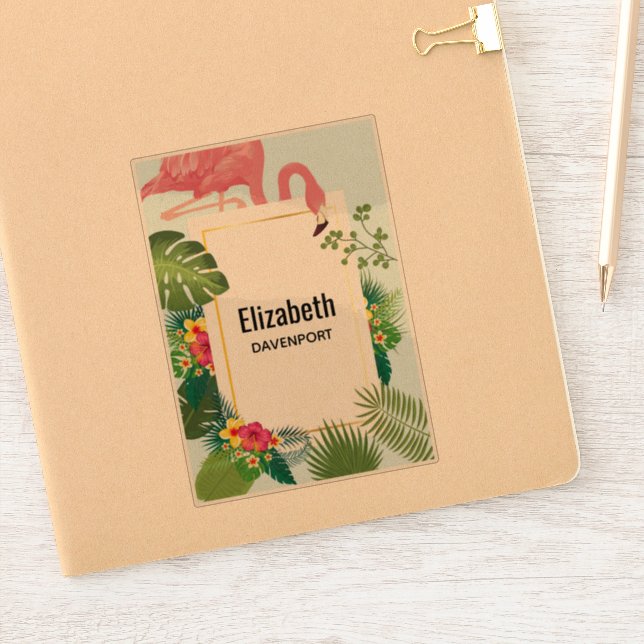 Adesivo Flamingo Rosa na moda e Folhas Tropicais (Notebook)