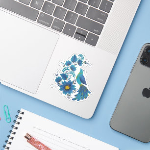 Adesivo Floral de Arte Popular de Pássaro Azul Mod
