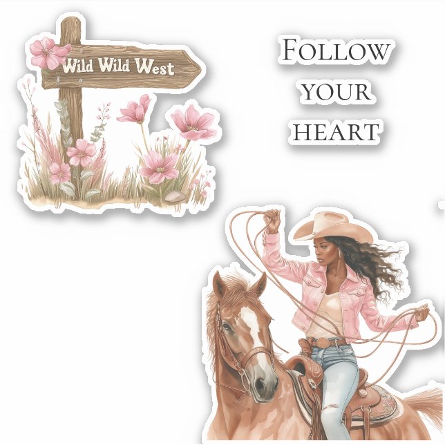 Adesivo Floral rosa Wild West Girl a cavalo (Frente)