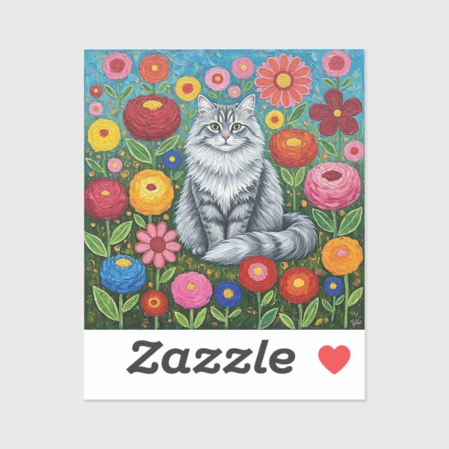 Adesivo Fluffy Gray Striped Cat with Folk Art Flowers (Folha)