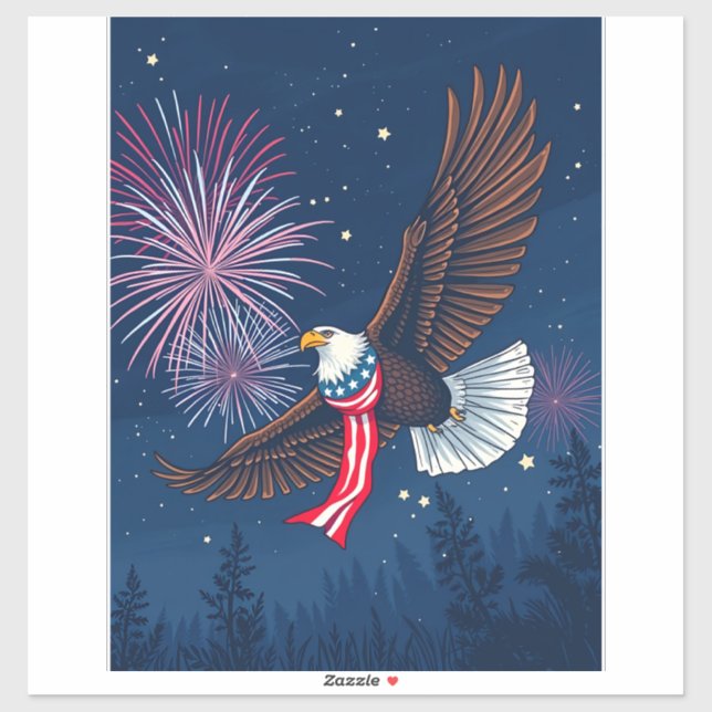 Adesivo Flying Bald Eagle with USA Flag Scarf & Fireworks (Folha)