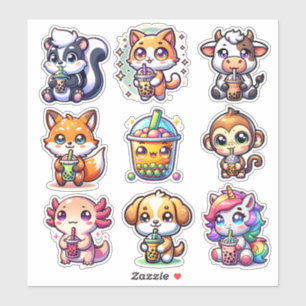 Adesivo Fofinho Kawaii Bobo Bubble Tea e Animais