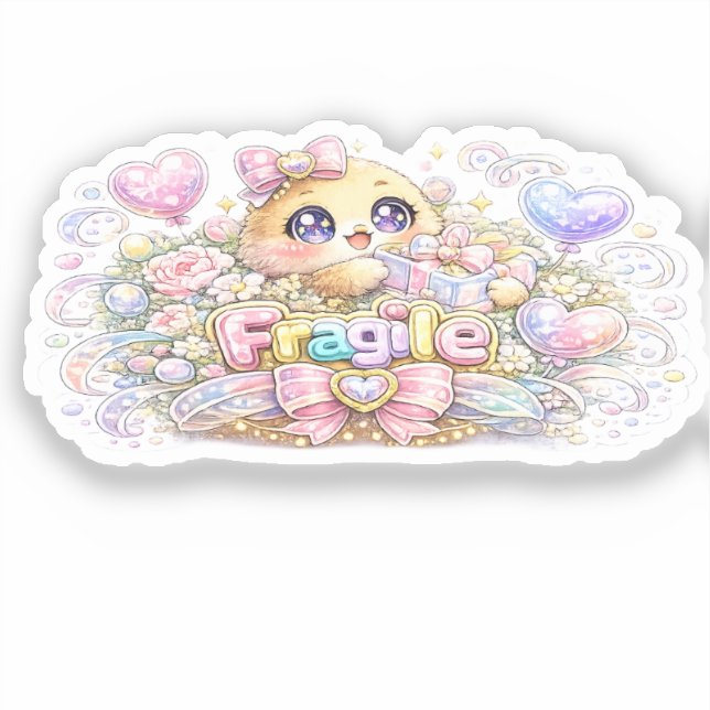 Adesivo Fofo Kawaii Frágil Manuseie Com Cuidado Gato Paste (Frente)