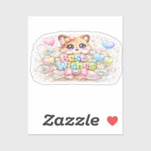Adesivo Fofo Kawaii Melhores Desejos Gato Pastel Rosa Flor