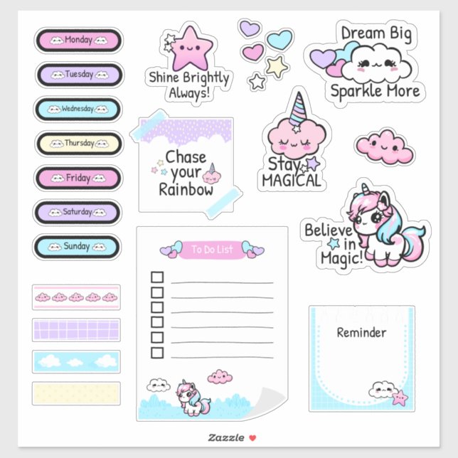 Adesivo Folha adesiva do Kawaii Pastel Unicorn Planner (Folha)