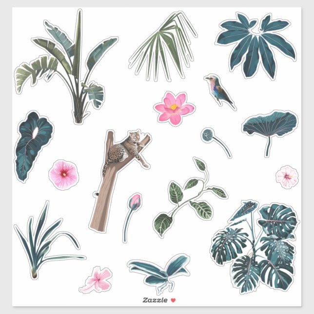 Adesivo Folhas, animais e plantas tropicais azuis (Folha)