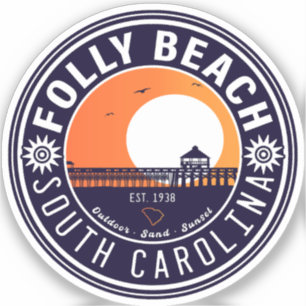 Adesivo Folly Beach SC Souvenirs Retro Sunset Pier 60s