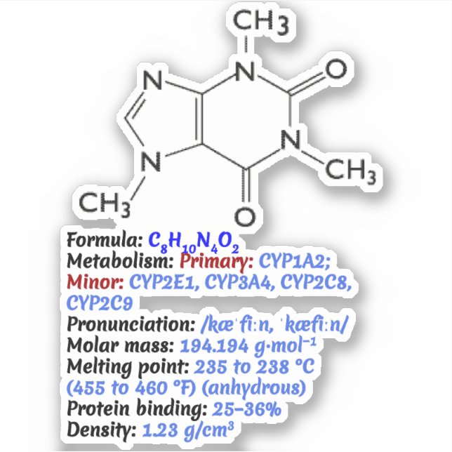Adesivo Fórmula Química da Cafeína - Estrutura Molecular (Frente)