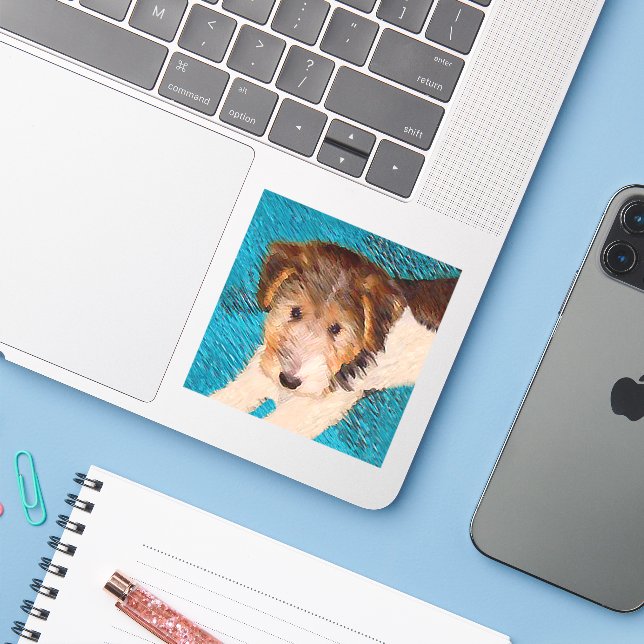 Adesivo Fox Terrier Puppy Painting - Arte Original De Cão (Notebook com iPhone)